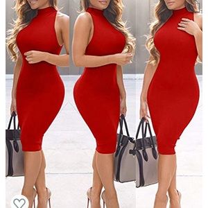 Red turtleneck sleeveless pencil dress S New